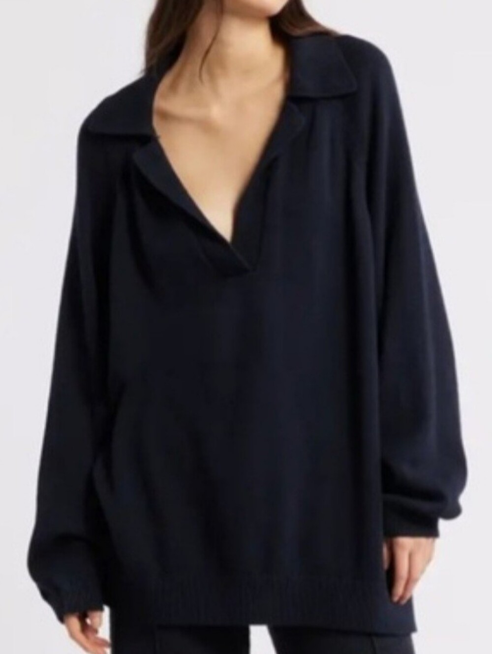 free-est by Free People Drea Black Blue Oversized V-Neck Polo Preppy Sweater XL